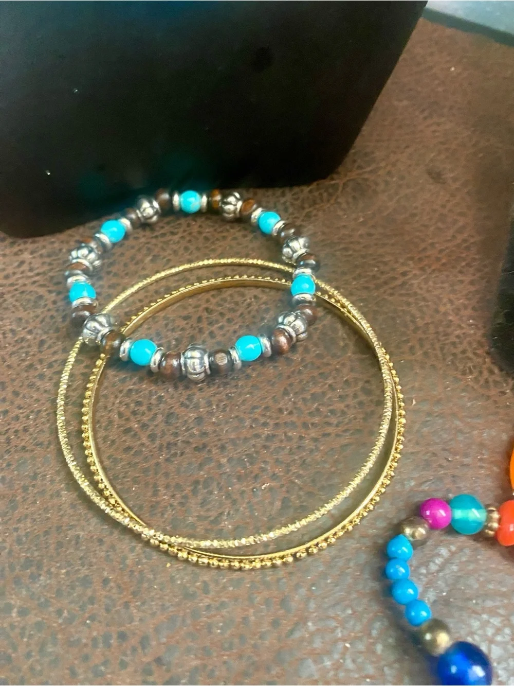 Hand Crafted Turquoise Nugget Chip & Gold Mixed-Bead Necklace Set, Bracelets